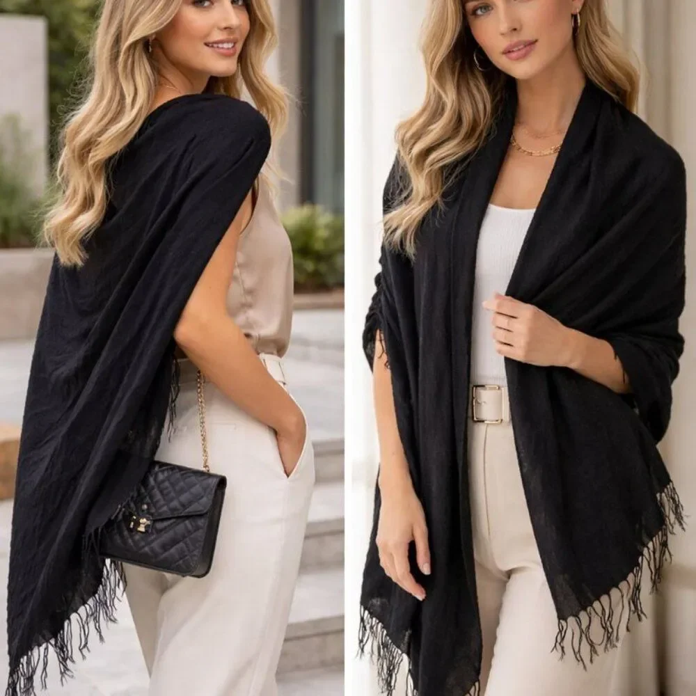 Handmade Oversized Black Wool Wrap | Artisan Made in Nepal | 86” x 28”